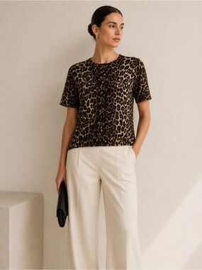 Lafayette 148 New York Leopard Print Button Front Knit Cardigan Top SZ L
